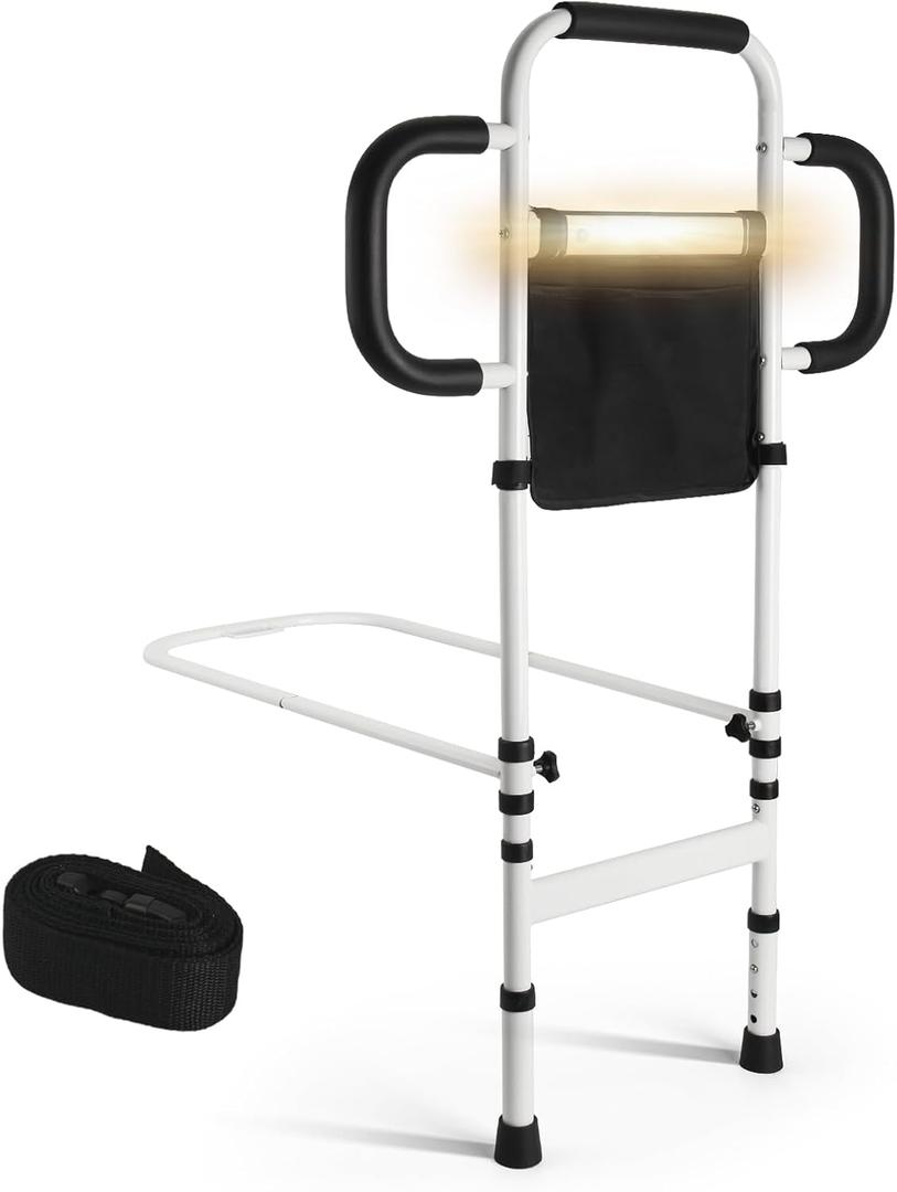 Three Grab Bars Bed Rails for Elderly Adults Safety, Bed Assist Rail with Leg, Adjustable Bedside Handle for Seniors Fall Prevent Bed Cane, Medical Bed Rail Fits Queen, King, Full, Twin (40 in)
