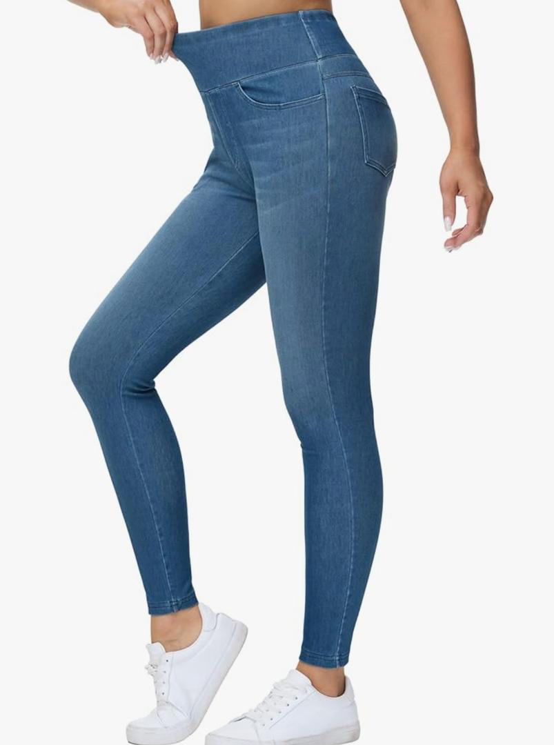 THE GYM PEOPLE Women's High Waisted Jeggings Pants Stretchy Tummy Control Skinny Jean Leggings with Pockets L