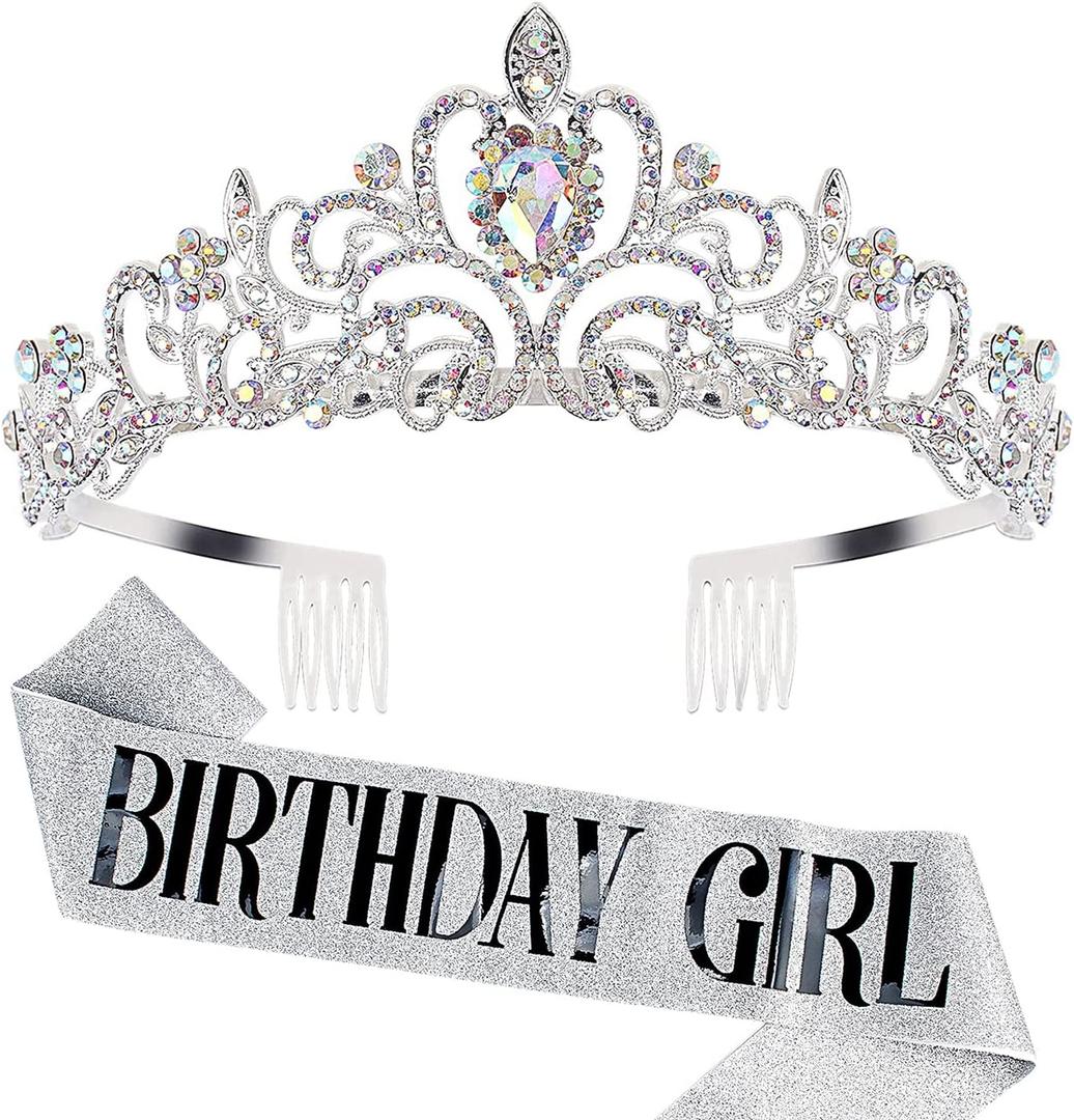 COCIDE Birthday Sash & Tiara Set - Silver Rhinestone Tiara & Sash for Women's Birth Party Decoration Kit