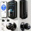 Veise VE027-K Built-in WiFi Smart Lock with 2 Knob, Fingerprint Keyless Entry Door Lock Handle Set for Front Door, App Remote Control, Electronic Digital Keypad Deadbolt, IP65 Waterproof, Matte Black