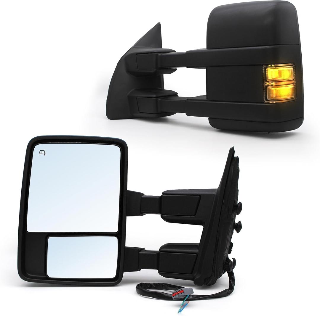 JZSUPER Towing Mirrors fit for 1999-2007 Ford F250 F350 F450 F-550 Super Duty, 2001-2005 Excursion Power Heated Smoke Turn Signal Auxiliary Light Puddle Light Black Cap
