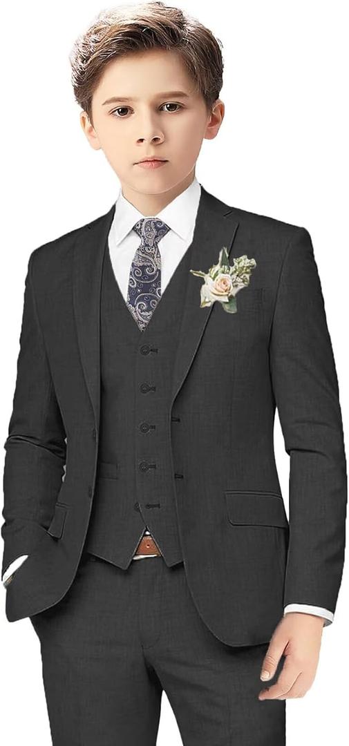 Boys Linen Suits for Kids Summer Slim Fit 3 Piece Beach Wedding Outfit Light Weight Tuxedo Linen Suit Set (16, Black)