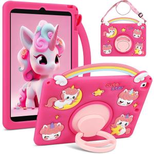 VOFUOE for iPad 6th/5th Generation Case Kids Girls for iPad 9.7 Case 2018 2017 with Shoulder Straps 360  Stand Rainbow Unicorn Soft Silicone Protective Cover for iPad Pro for iPad Air 2th-Hot Pink
