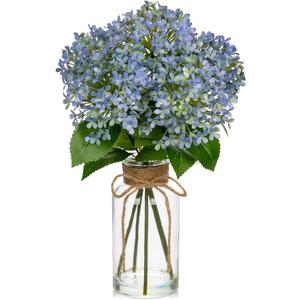 Artificial Hydrangea Flowers in Glass Vase with Faux Water, 13.8" Fake Blue Hydrangeas Arrangement Centerpiece for Home Caf Kitchen Bathroom Decoration