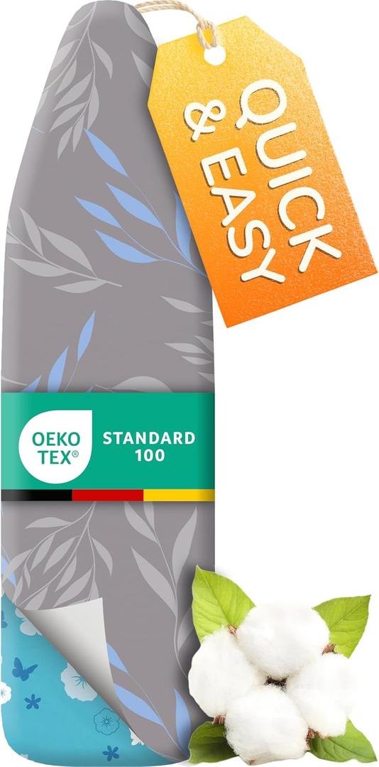 Super Soft Ironing Board Cover and Pad  50% Faster Ironing with Heat Reflection Technology, Thick Natural Cotton, Heavy-Duty & Scorch Resistant  Made in Germany  15x54 Standard Size (Grey/Blue)