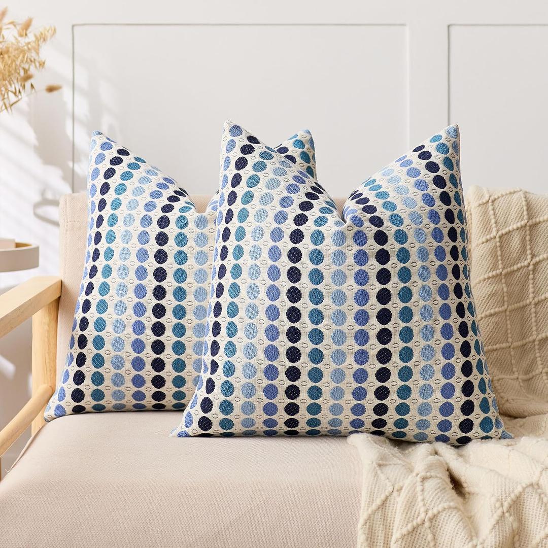 KINDREX Coastal Blue Throw Pillow Covers 18x18 Set of 2, Boho Geometric Polka Dots Decorative Pillowcases for Couch, Sofa, Bed & Living Room, Neutral Textured Accent Home Decor