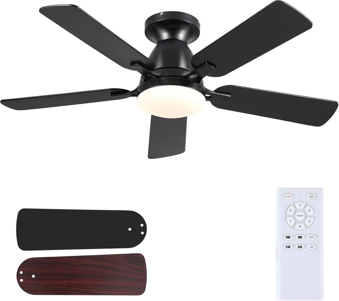 Mpayel Ceiling Fans with Lights and Remote, 46 Inch Flush Mount Low Profile Ceiling Fan with Light, Black Ceiling Fan for Bedroom Living Room, Quiet DC Motor, Reversible, Dimmable LED, Black