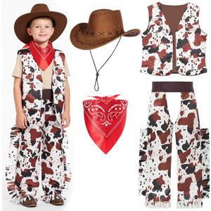 Xtinmee 4 Pcs Halloween Cowboy Costume for Boys Kids Toddler Western Outfit Cow Print Vest Brown Cowboy Hat Cosplay Bandanna (L(8-10 Years))
