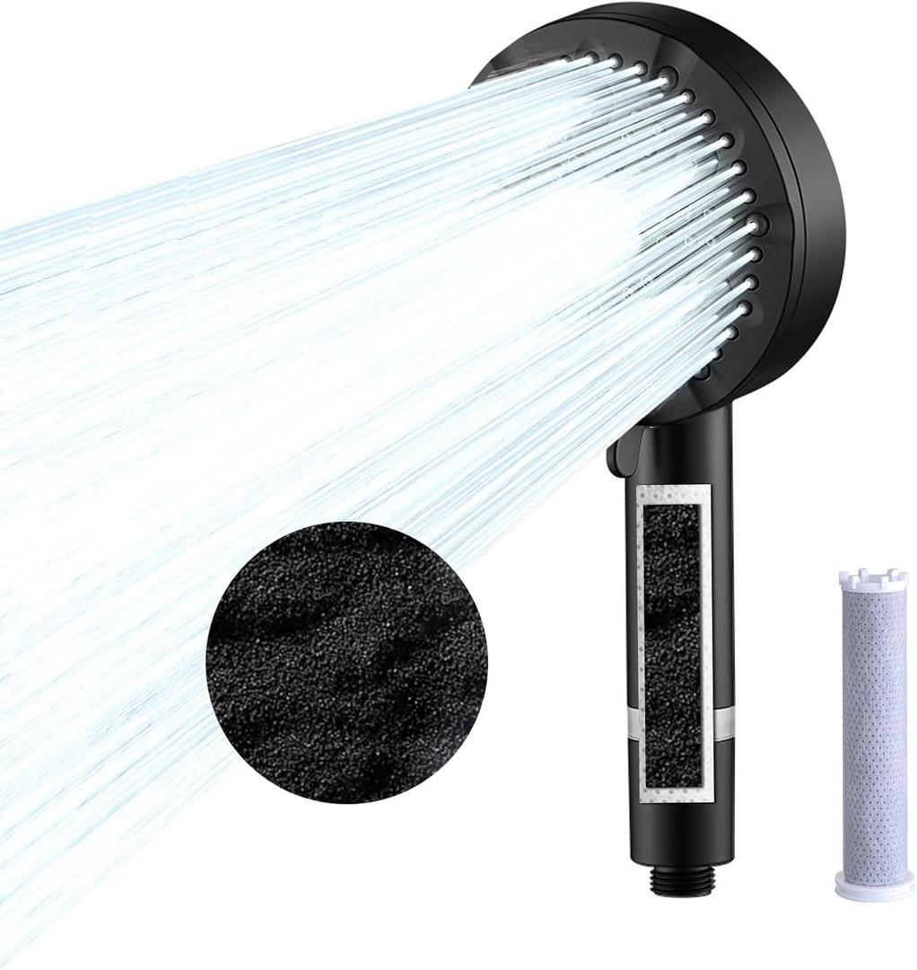 Black Shower Head Filter for Hard Water - High Pressure 9 Spray Modes, Detachable Handheld Sprayer