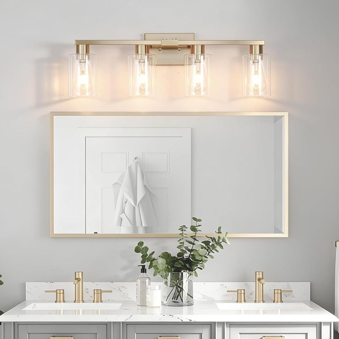 4-Light Bathroom Vanity Light, Modern Brushed Gold Wall Lights with Clear Glass Shades, Bathroom Wall Sconce Lamp for Mirror Living Room Bedroom Hallway, 28"L x 9"W x 5"H