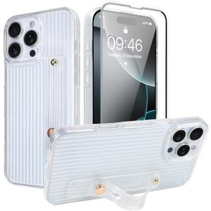 LSL for iPhone 16 Pro Max Case with Wrist Strap Kickstand + Screen Protector, Transparent Vertical Stripes Design Slim Soft TPU Shockproof Anti-Scratch Protective Case for Women Girls, White