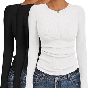 3 Pack Womens Basic Long Sleeve Shirts Crew Neck Slim-Fit Fitted T Shirts Tops Undershirts Underscrub Baselayer,(Black/Black/White), Large