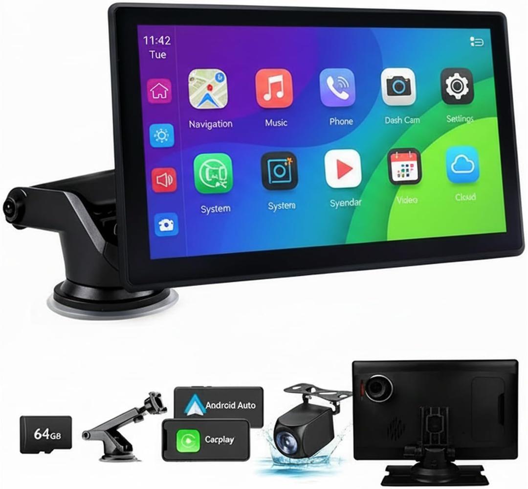 Carplay Screen for Car 9 Inch Wireless Car Play Portable Android Auto IPS Touch Screen with 4K Dash Cam 1080p Backup Camera
