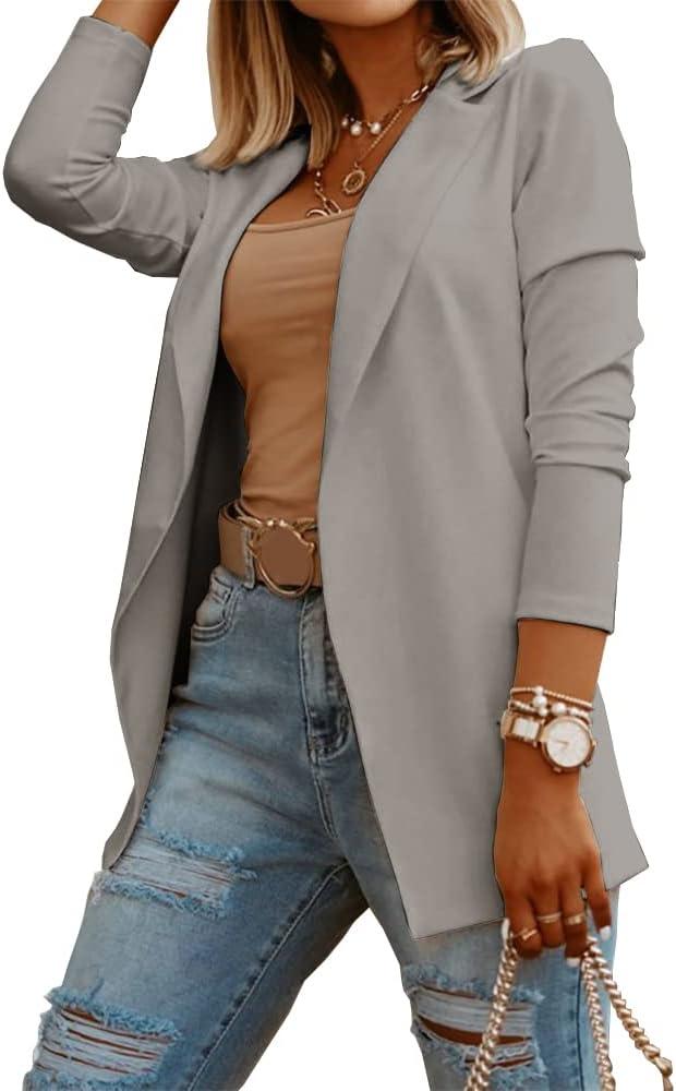 Womens Casual Long Sleeve Blazers Solid Color Knit Blazer Work Office Open Front Blazer Jacket (Medium, Grey)