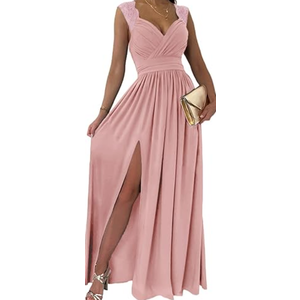 Dokotoo Womens Ladies Elegant Floor Length A Line Wrap Deep V Neck Backless Ruched Pleated Ruffled Split Long Maxi Formal Evening Party Prom Dress Bridesmaid Wedding Guest Dresses for Women pink M
