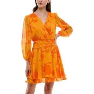 Maison Tara Women's Tropical Print Ruched Yoke Wrap (6, Cantalope/Tangerine)