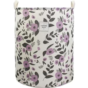 Mziart Collapsible Laundry Basket, Floral Printing Large Laundry Hamper for Baby Girls Kids Toys Clothes Organizer Foldable Storage Bin Waterproof Canvas Nursery Storage Basket with Handles (Purple)