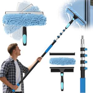 25FT Reach Window Squeegee Kit with Extension Pole, 2-in-1 Professional Washer for High Windows, 5-20FT Adjustable Reach, Rotatable Head for Indoor & Outdoor Use, Streak-Free Cleaning Tool for Home