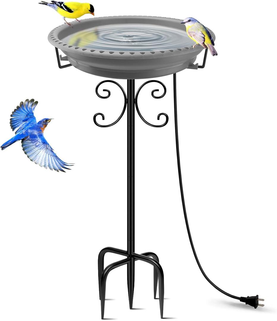 Daoeny Heated Bird Bath for Winter, 100W Heated Bird Baths for Outdoors Thermostat Control with 5-Prong Metal Base, Heated Bird Bath for Outside Winter Garden Patio Yard Lawn (Grey) 