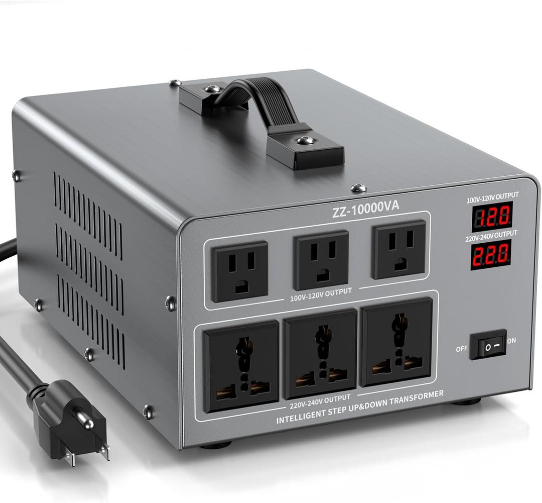 10000W Voltage Converter Auto Transformer,110/120/220/240V Heavy Duty Step Up/Down Power Converter Transformer with 3 US Outlets,3 Universal Outlets, LCD Display,Resettable Circuit Breaker Protection