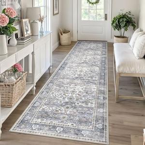 KUTA Vintage Washable Runner Rug, 2.6x10 Grey Blue Runners for Hallways Non-Slip Kitchen Rugs Ultra Thin Soft Printed Distressed Oriental Floral Floor Carpet for Laundry Bedroom Living Room Nursery