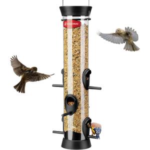 Kingsyard 6 Ports Tube Bird Feeder for Outdoors Hanging, Removable Base and Perch, Easy to Clean & Refill, Premium Hard Plastic, Attracting for Finches Cardinals Bluebirds (Black)