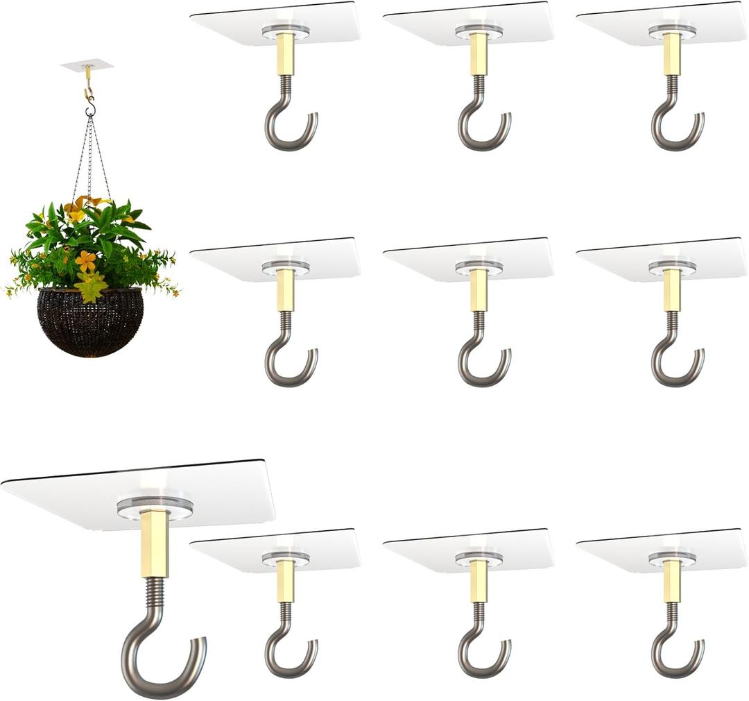 No Hole No Drilling Adhesive Ceiling Hooks for Hanging Plants Lights Wind Chimes Lantern, Sticky J Hooks Eye Hook for Hanging Indoor Outdoor (Traditional-2.4", 20)
