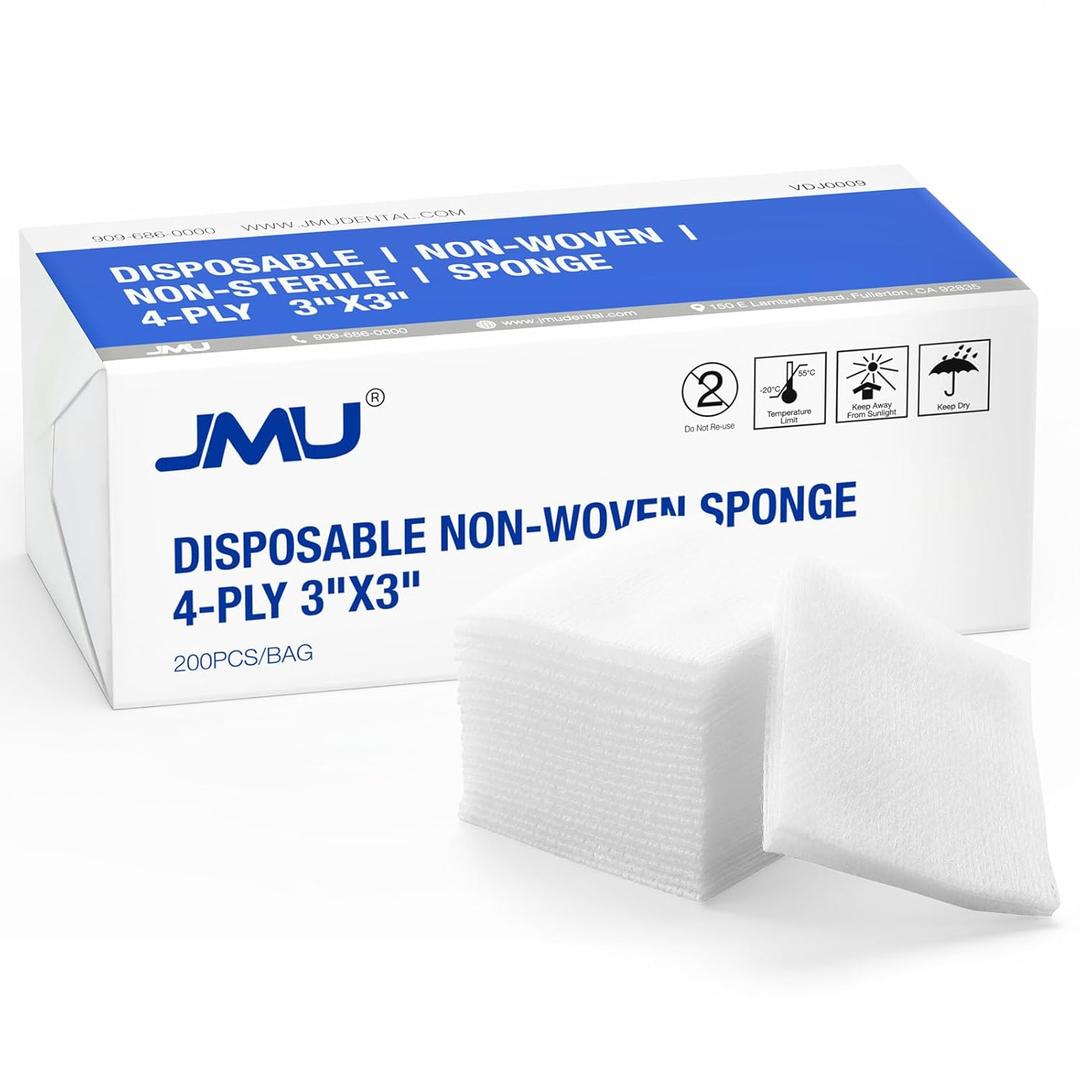 JMU 200 Gauze Pads 3x3, 4-Ply Non Woven Gauze Sponges 3x3, Non Sterile Gauze for Clean or Cover Dressing