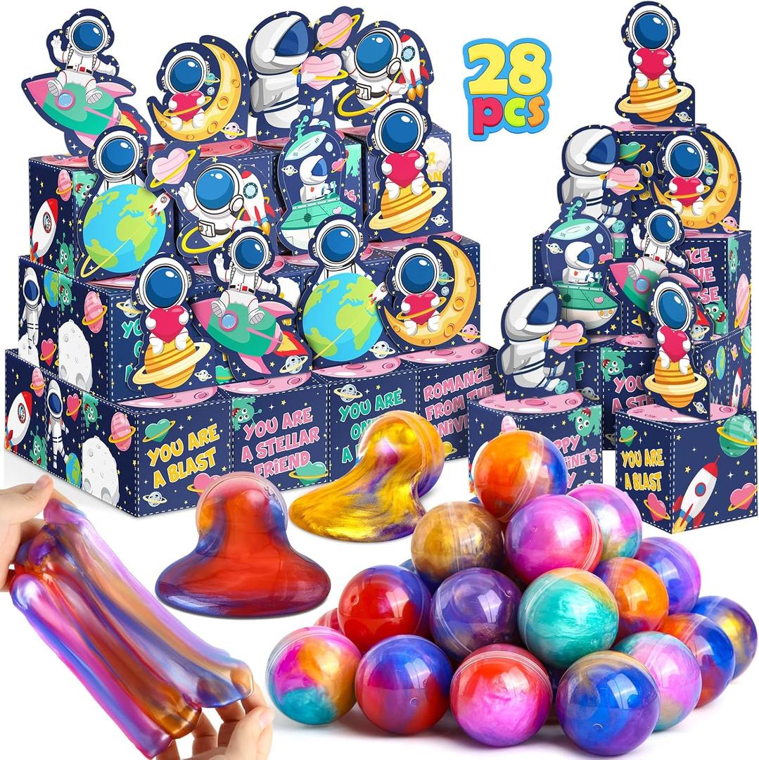 28 Pack Valentines Day Gifts for Kids, Galaxy Slime with Greeting Card Box Stress Relief Fidget Toy for Kids Party Favor, Valentine's Day Classroom Exchange Prizes Gift Set
