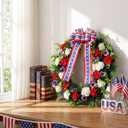 Crowye 2pcs Memorial Day 4th of July Grave Wreaths with Stand Set 23. 62in Cemetery Wreaths 30in Easel Patriotic Gravestone Headstone Independence Day Decor (USA Bow Rose Style)