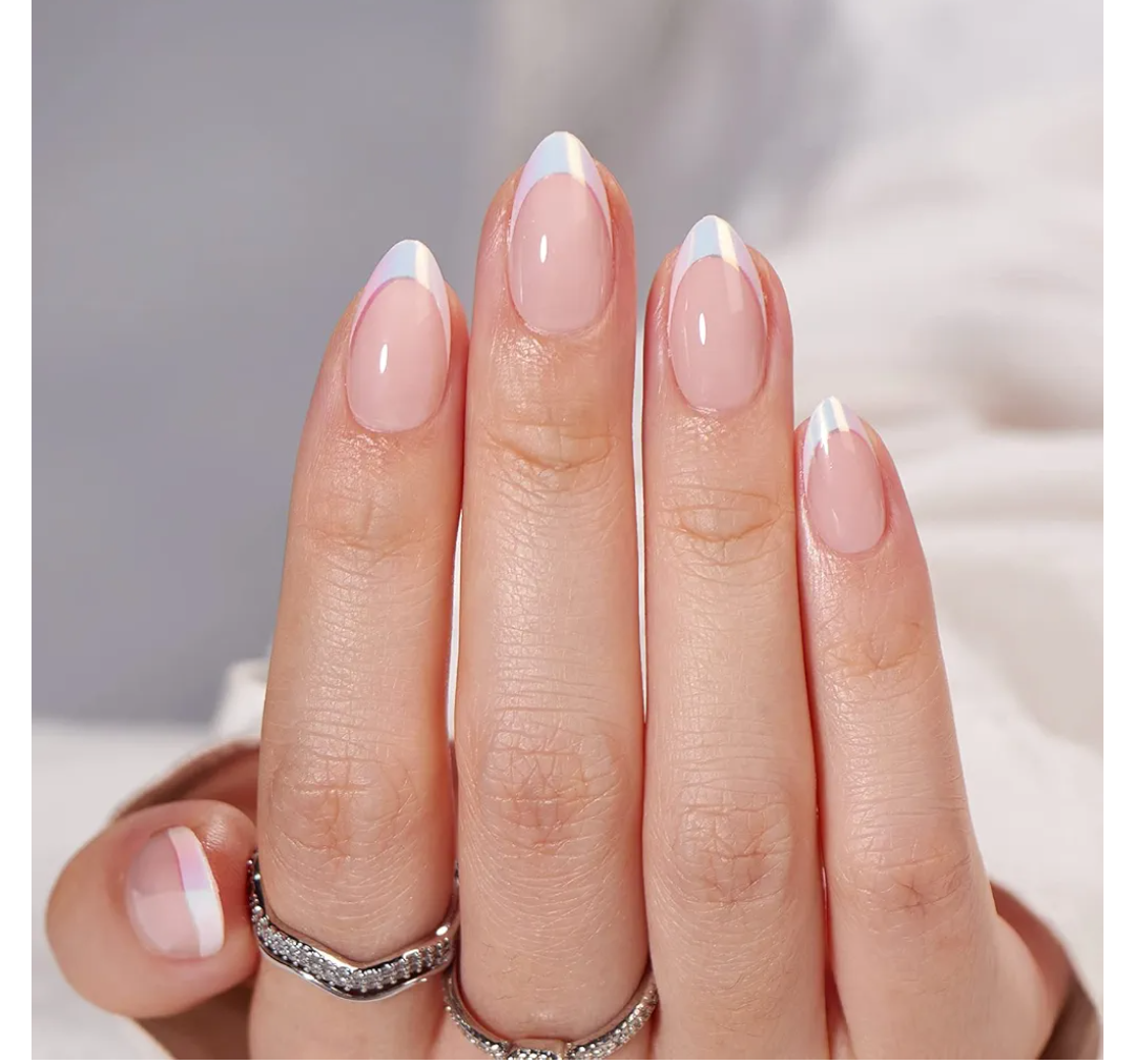BTArtbox Short Almond Press On Nails - Aurora French Tip, Spring Glue On for Gifts, Natural Stick On in 16 Sizes - 30 Fake Nails Kit, Athena