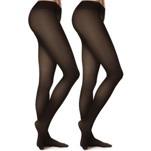 Womens Fleece-Lined Tights - Ultra-Warm Fake Sheer Look Pantyhose Thick Leggings for Winter (Large Plus, Black - 2 Pairs)