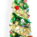 5FT Pop Up Christmas Tree with Timer 60 Warm White & Multi Color Fairy Light 3D Star 15 Ball Ornament, Green Gold Tinsel Christmas Tree Slim Pencil Xmas Tree Home Office Holiday Decor Indoor Outdoor