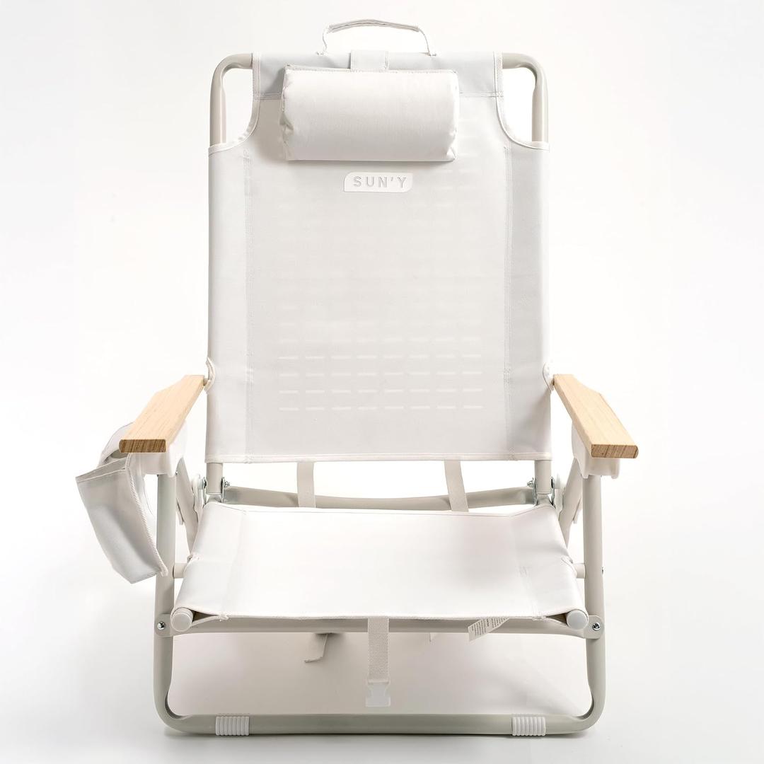 SUN'Y Escapes Backpack Beach Chair - Made w/Ocean Bound Plastics, Customizable w/MOLLE Accessories, Ultra Lightweight, Low-Seat Natural Comfort, Durable, Rust Free & Waterproof - Seashell White, Length: 2 Ft 1 In, Width: 2 Ft, Height: 2 Ft 6 in
