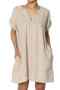 TheMogan Women's Casual Washed Gauze Short Sleeve V Neck Cotton Babydoll Loose Shift Mini Dress Ash Mocha M