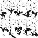 Sumind 30 Pcs Dragon Party Decoration Swirl Foil Hanging Ceiling Decoration for Dragon Themed Birthday Medieval Themed Party, 10 Designs(Black)