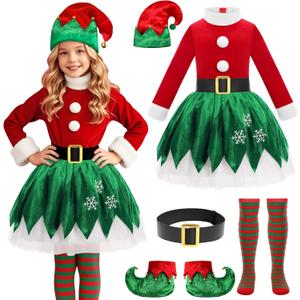 Christmas Elf Costume for Girls Santa Helper Christmas Elf Costume Set for Xmas Holiday Party Dress Outfit (5-6 Years)