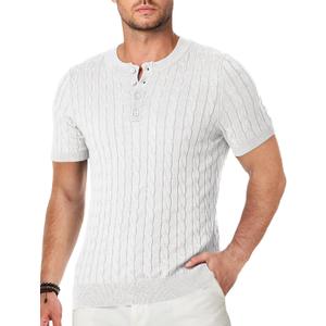 JMIERR Men's Knit Henley Shirts Casual Short Sleeve Button T-Shirt Cable Knitted Polo Shirts Golf Shirt (White, XXXL)