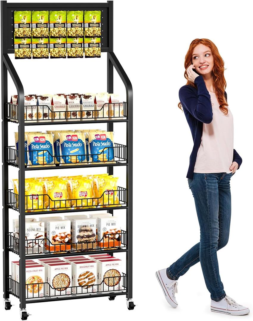 65" 5 Tier Snack Rack Display Stand with Hooks & Wheels, Metal Retail Display Shelf for Chips, Snacks, Candy, Metal Snack Shelf for Store Home Kitchen Store Organizer (60cm-black)