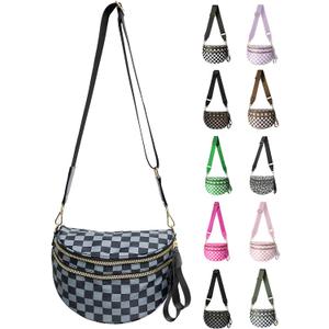Checkered Nylon Crossbody Bag for Women, Spacious Checkered Bum Bag Purse Shoulder Bag Sling Bag with Shoulder Strap (Black and Gray Checkered)