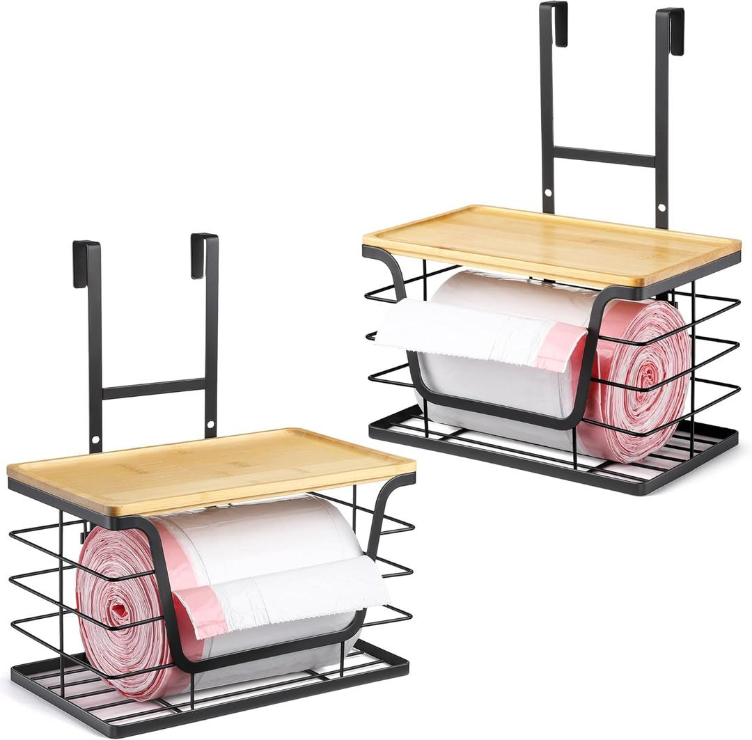 2-Pack Trash Bag Holder - Extra Large Garbage Bag Holder with Stackable Bamboo Top, Adjustable Hooks for Cabinet Door - Organizers in Kitchen/Pantry/Laundry Room