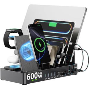 600w Charging Station for Multiple Devices, 15 in 1 Wireless Charging Station for Apple, Dual 100w USB C Tablet Charging Station for MacBook,iPhone,iPad,Tablet(Black)