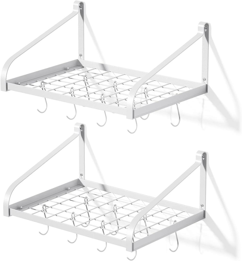 Love-KANKEI Pot Rack Wall Mounted Set of 2 Pan Pot Organizer Wall Shelves with 16 Hooks for Kitchen Cookware Utensils Organization White