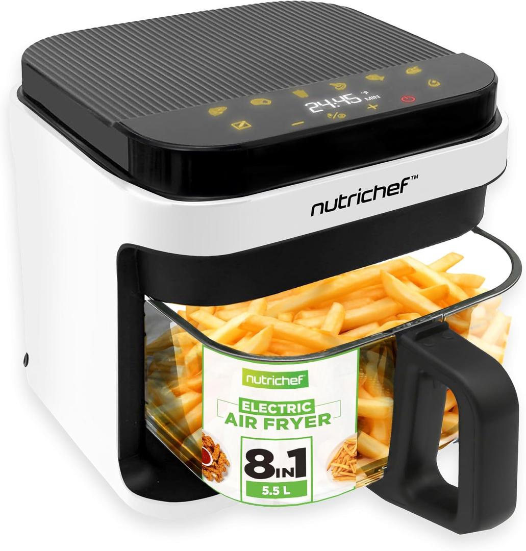 NutriChef Glass Air Fryer, 5.5L, 8 Presets, Cool-Touch Handle, White
8 Presets for Every Meal | See-Through Window | Auto-Stop Safety | 60-Min Digital Timer | Non-Stick Basket | LED Display