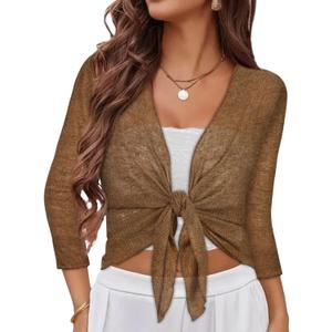 Summer Bolero Shrugs for Women Sheer Short Tie Front Cardigans for Dress 3/4 Sleeve Tops (Coffee, M)