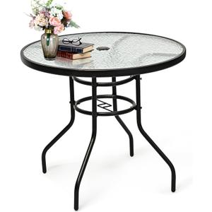 ReunionG 32" Outdoor Bistro Table, Tempered Glass Round Cafe Table with 1.65" Umbrella Hole, Metal Frame, Coffee Dining Tables for Patio Balcony Garden Deck, Black