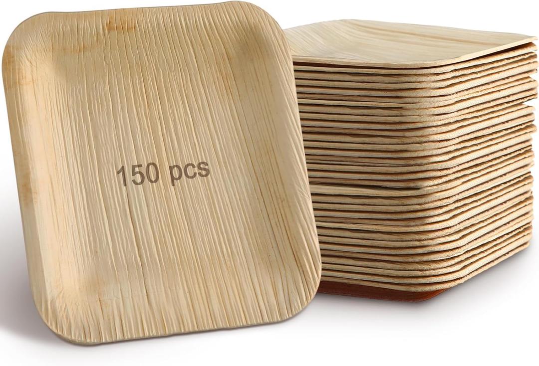 150 Pieces Palm Leaf Square Bamboo Plates Disposable Wood Dinnerware Set Leaf Plates for Weddings Catering Events Birthday Summer Party (4 Inch)