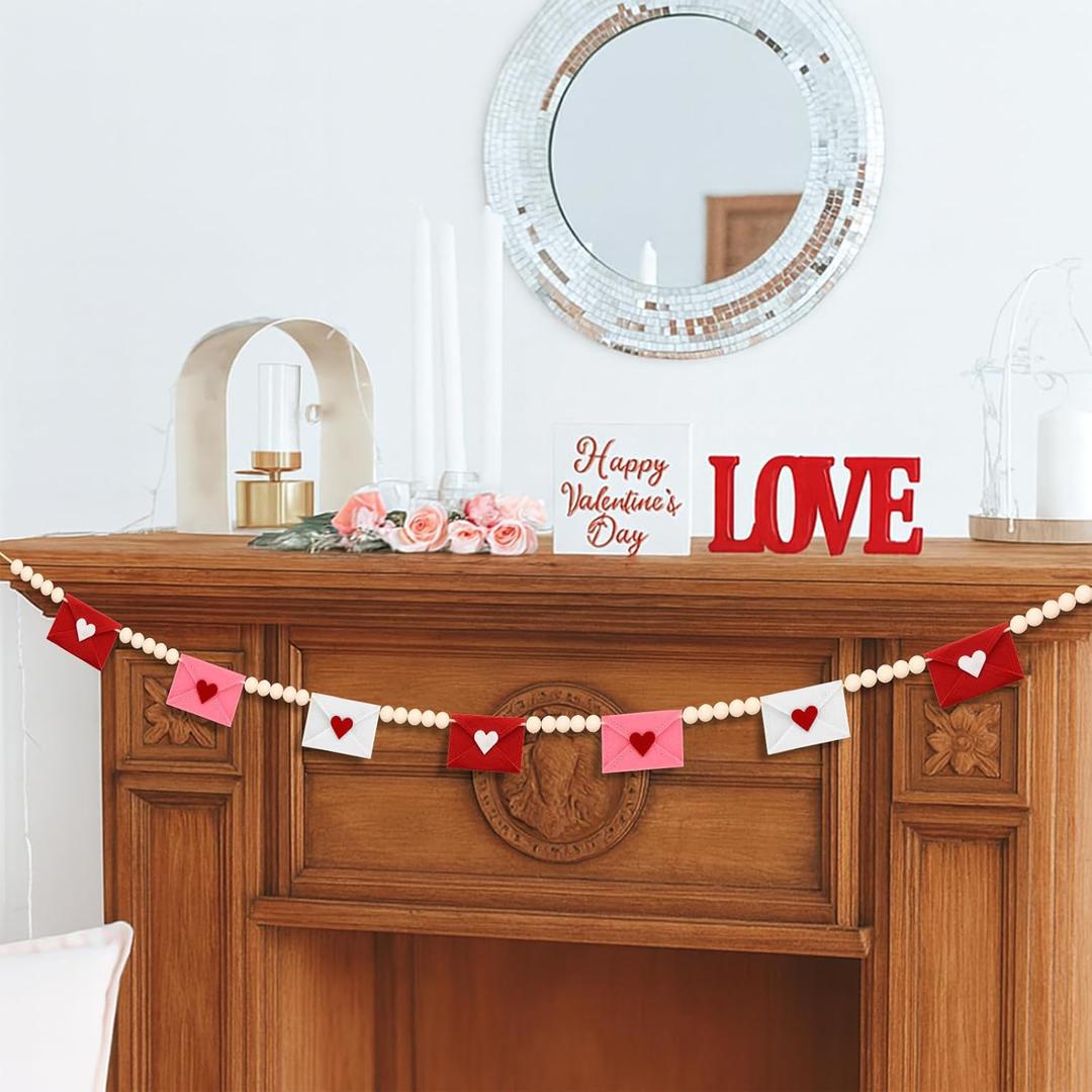 Valentines Day Decorations Felt Red Pink and White Envelopes with Wooden Beads Garlands Vintage Happy Valentine's Day Banner for Mantle, Fireplace, Wall, Party Supplies, Indoor Outdoor Decor