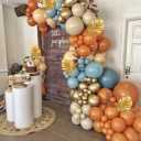 PageebO Fall Balloon Arch Kit, Burnt Orange Dusty Blue Beige Sand White Balloons with Artificial Gold Leaves for Fall Decorations for Home Autumn Harvest Thanksgiving Fall Baby Shower Wedding Decor