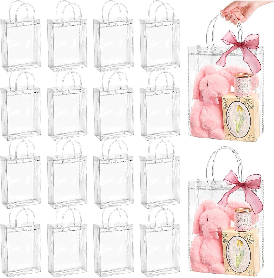 Jutieuo 24 PCS Clear Gift Bags with Handles, 7.9 x 9.8 x 3.2 Inch Inches Reusable Plastic Goodie Bag Transparent Party Favor Bags Bulk for Weddings Birthdays Events, Classrooms & Celebrations